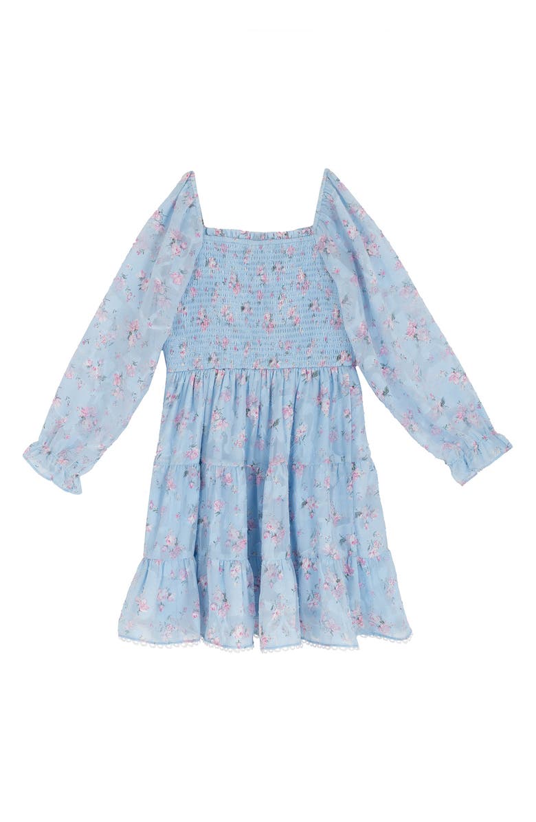 Rare Editions Kids' Floral Burnout Chiffon Smocked Dress, Alternate, color, Blue