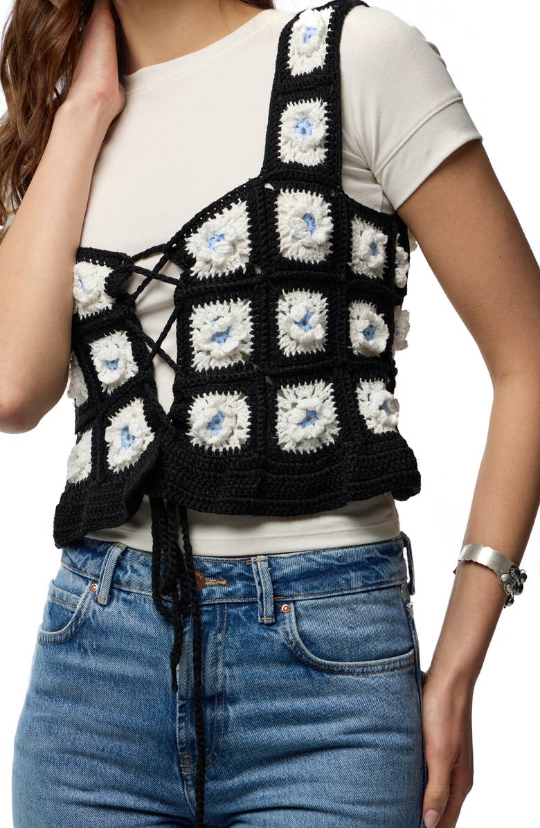 SAACHI Crochet Sweater Vest, Alternate, color, Black