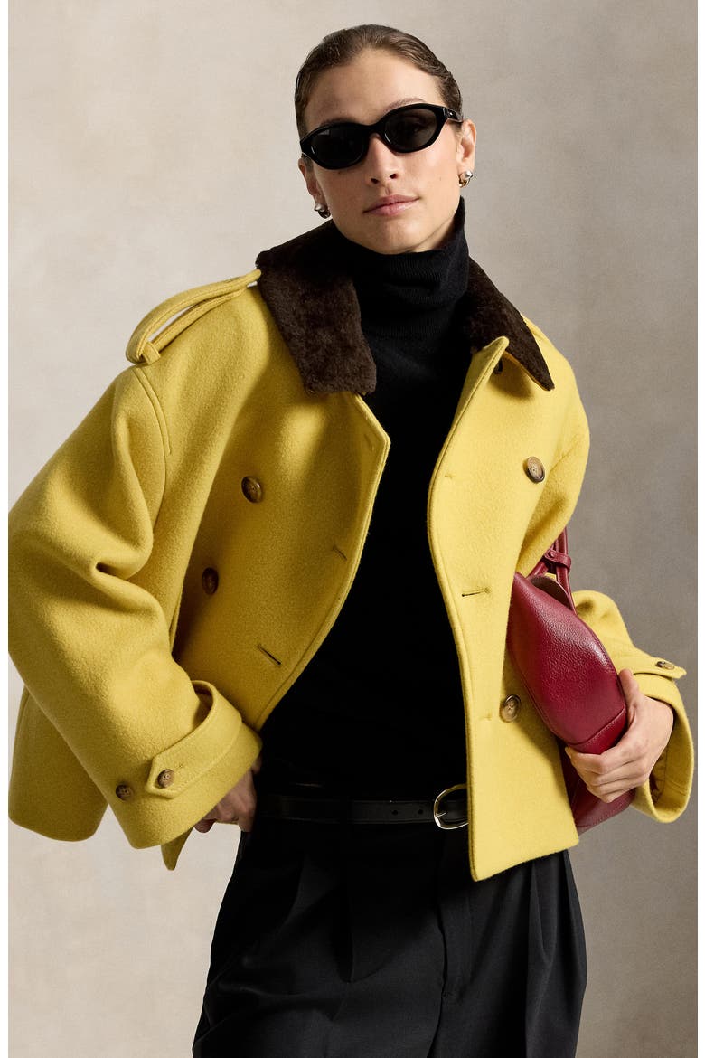 Double Breasted Coat with Genuine Shearling Collar, Alternate, color, YELLOW