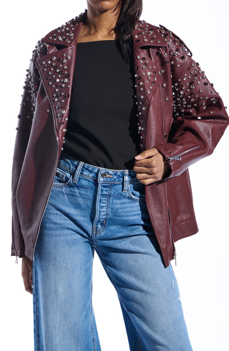 AZALEA WANG Crystal Studded Oversize Faux Leather Moto Jacket, Alternate, color, Burgundy