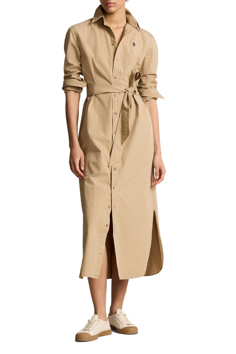 Cory Tie Belt Long Sleeve Twill Maxi Shirtdress, Main, color, RL KHAKI
