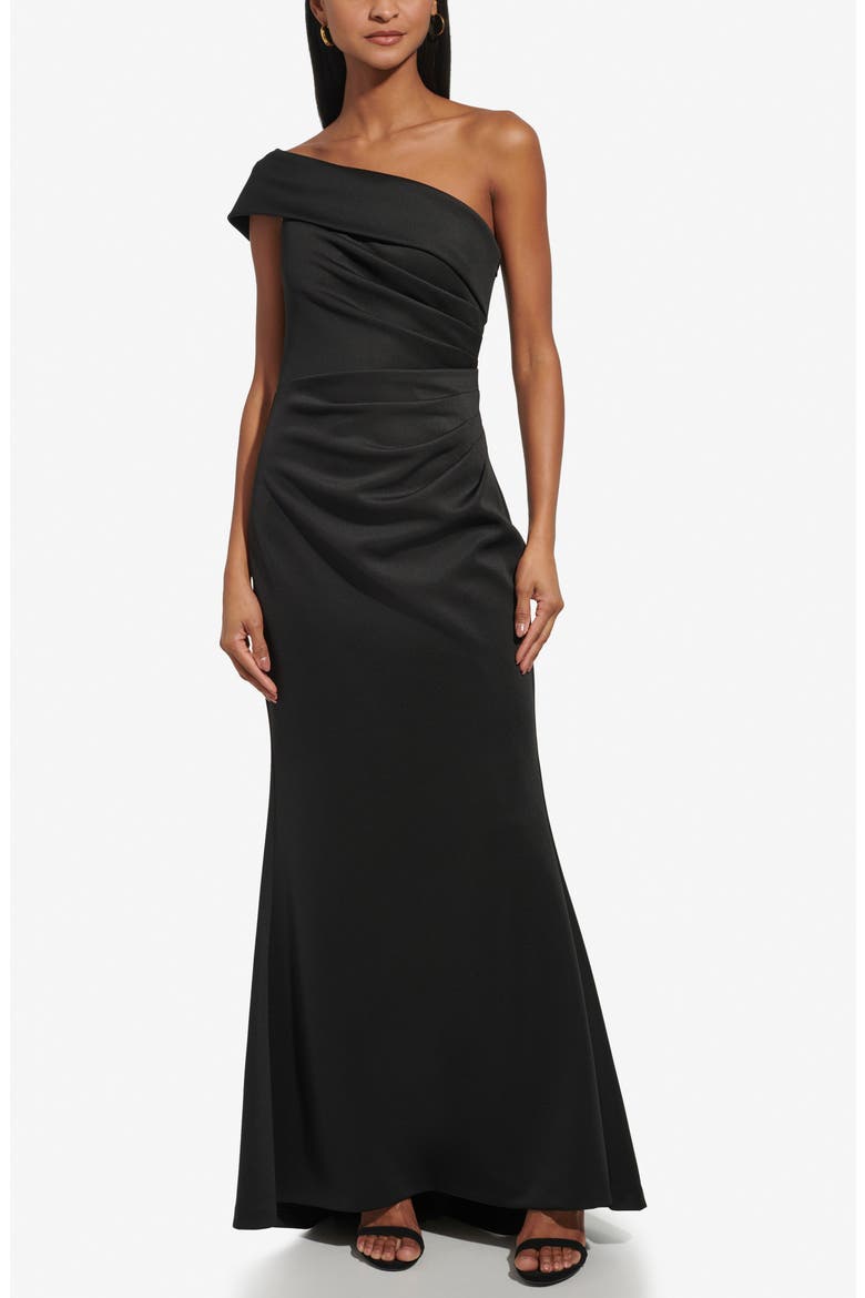 One-Shoulder Ruched Gown, Main, color, BLACK