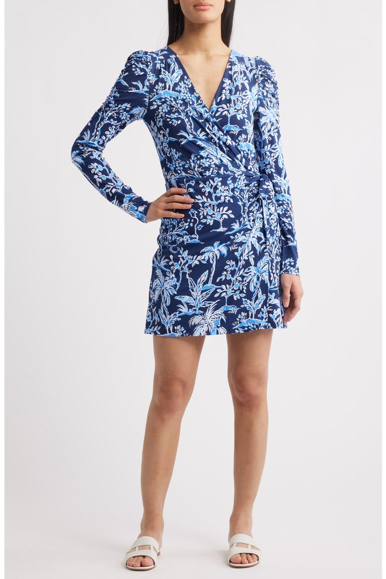 Jemma Botanical Print Long Sleeve Wrap Front Romper, Main, color, LOW TIDE NAVY TALL TALES