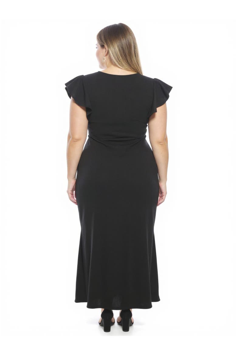 Plus Size Solid V-Neck Tulip Hem Ruffle Sleeve Faux Wrap Maxi Dress, Alternate, color, Black
