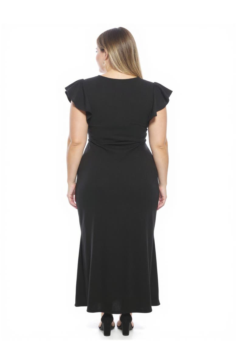 24seven Comfort Apparel Plus Size Solid V-Neck Tulip Hem Ruffle Sleeve Faux Wrap Maxi Dress, Alternate, color, Black