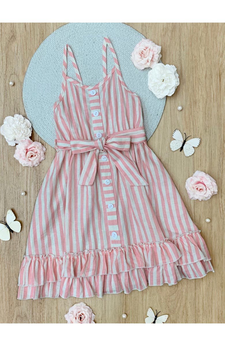 Mia Belle Girls Girls Pink Candy Stripe Button-Up Linen Ruffle Dress, Alternate, color, Pink