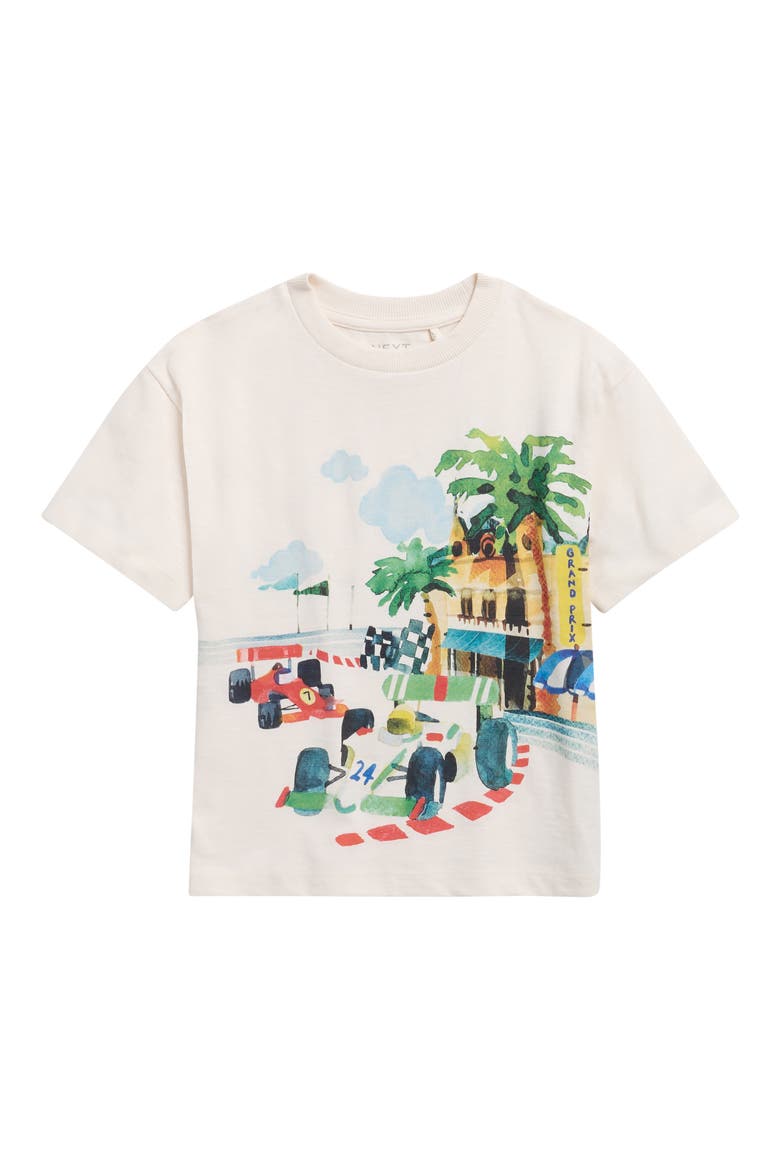 Kids' Oversize Artistic Racing Car Cotton Graphic T-Shirt, Main, color, CREAM