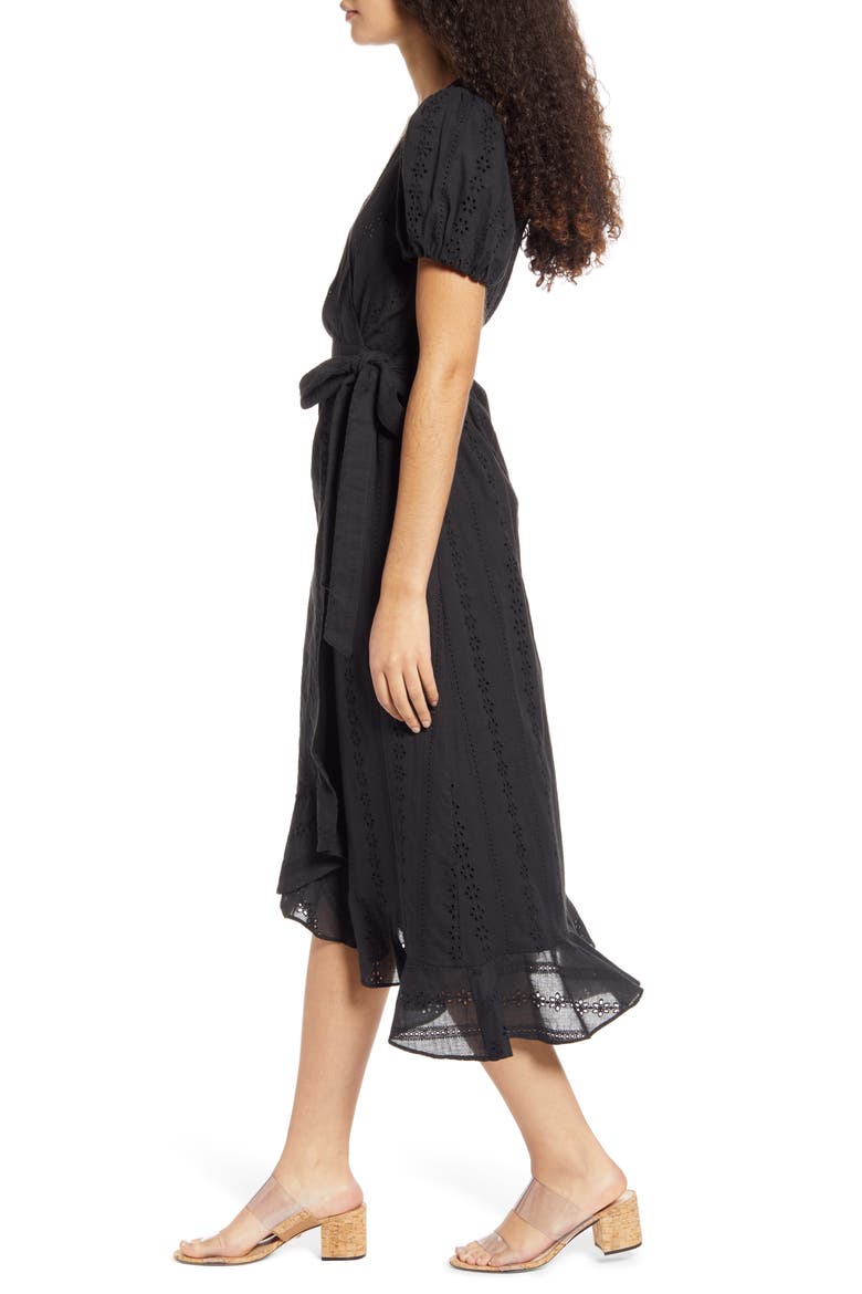 Puff Sleeve Eyelet Wrap Dress, Alternate, color, BLACK