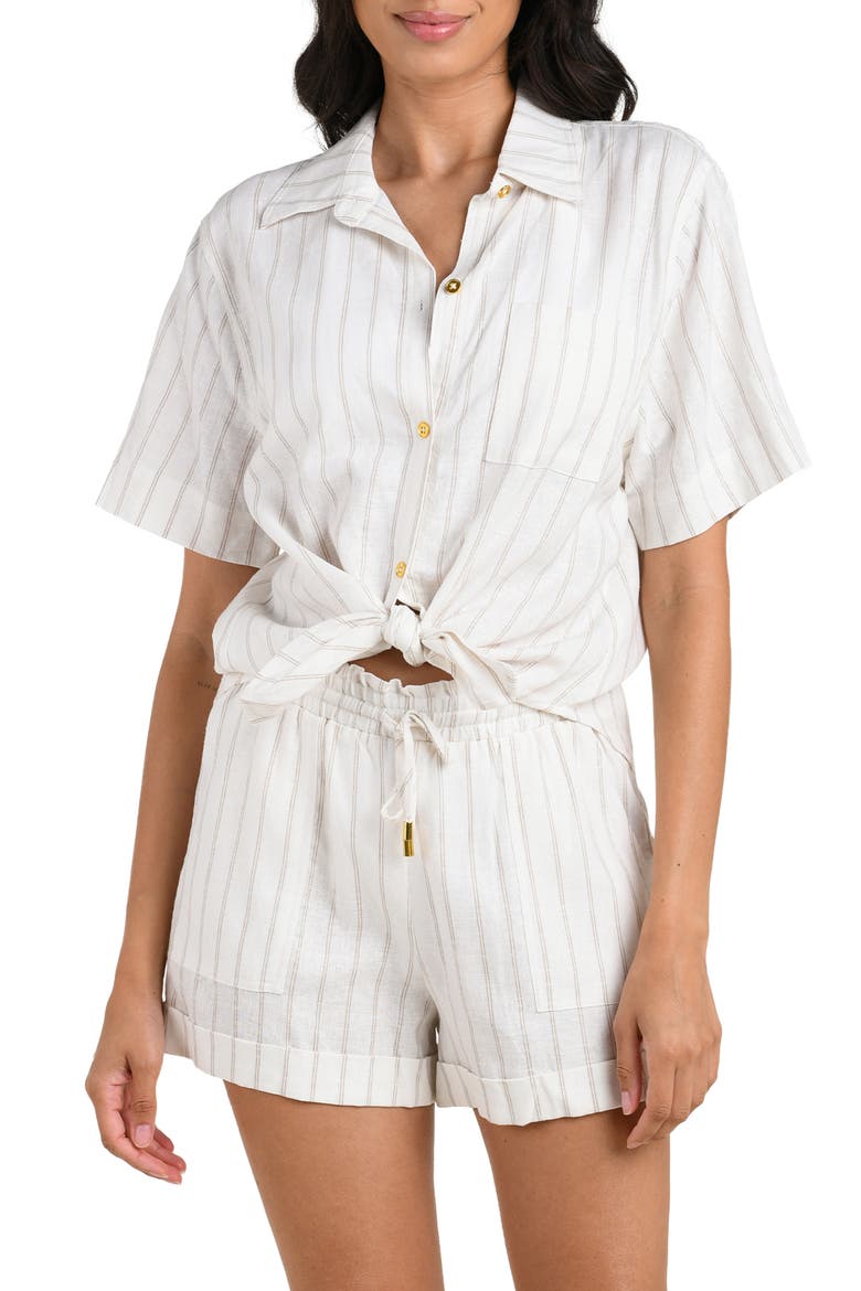Delphine Coast Knotted Linen Blend Cover-Up Shirt, Main, color, CREAM