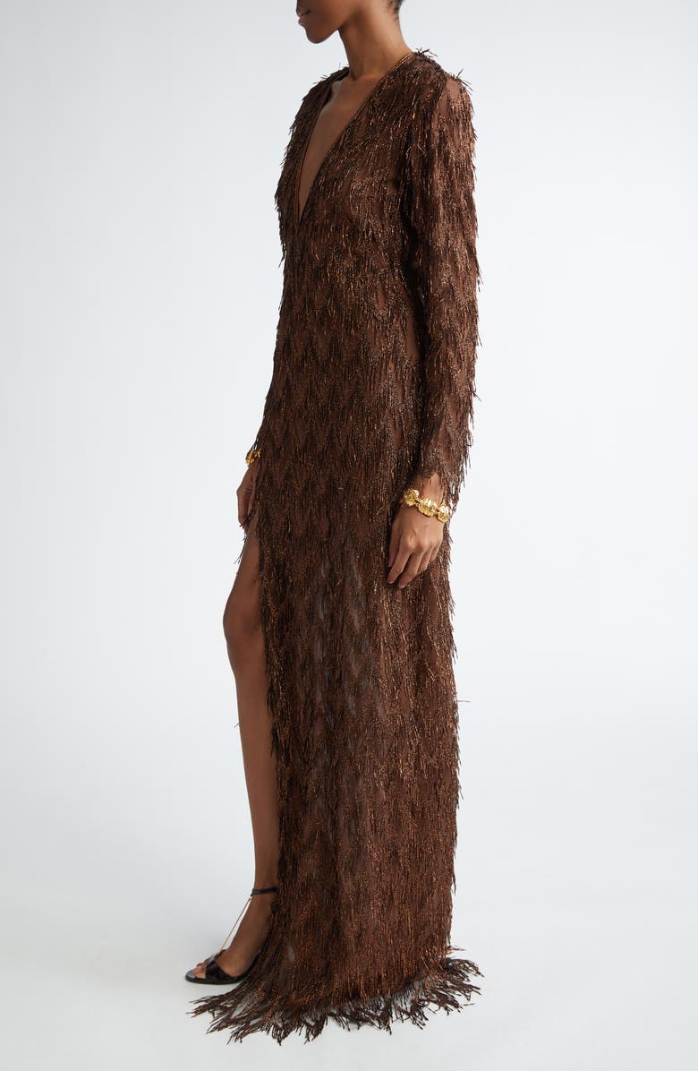 TOM FORD Long Sleeve Metallic Chevron Fringe Gown, Alternate, color, 