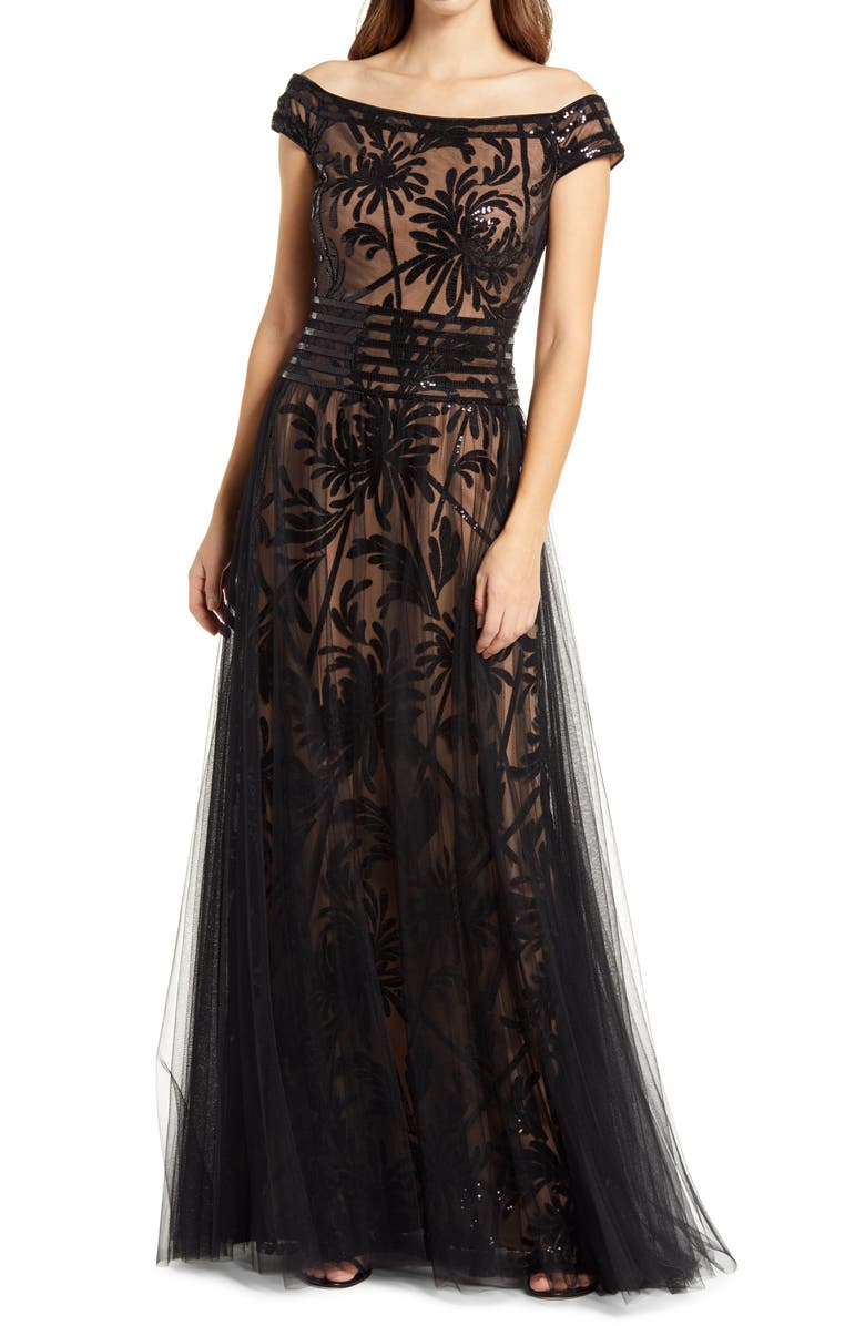 Tadashi Shoji Sequin Illusion Lace Off the Shoulder Cap Sleeve Gown, Main, color,