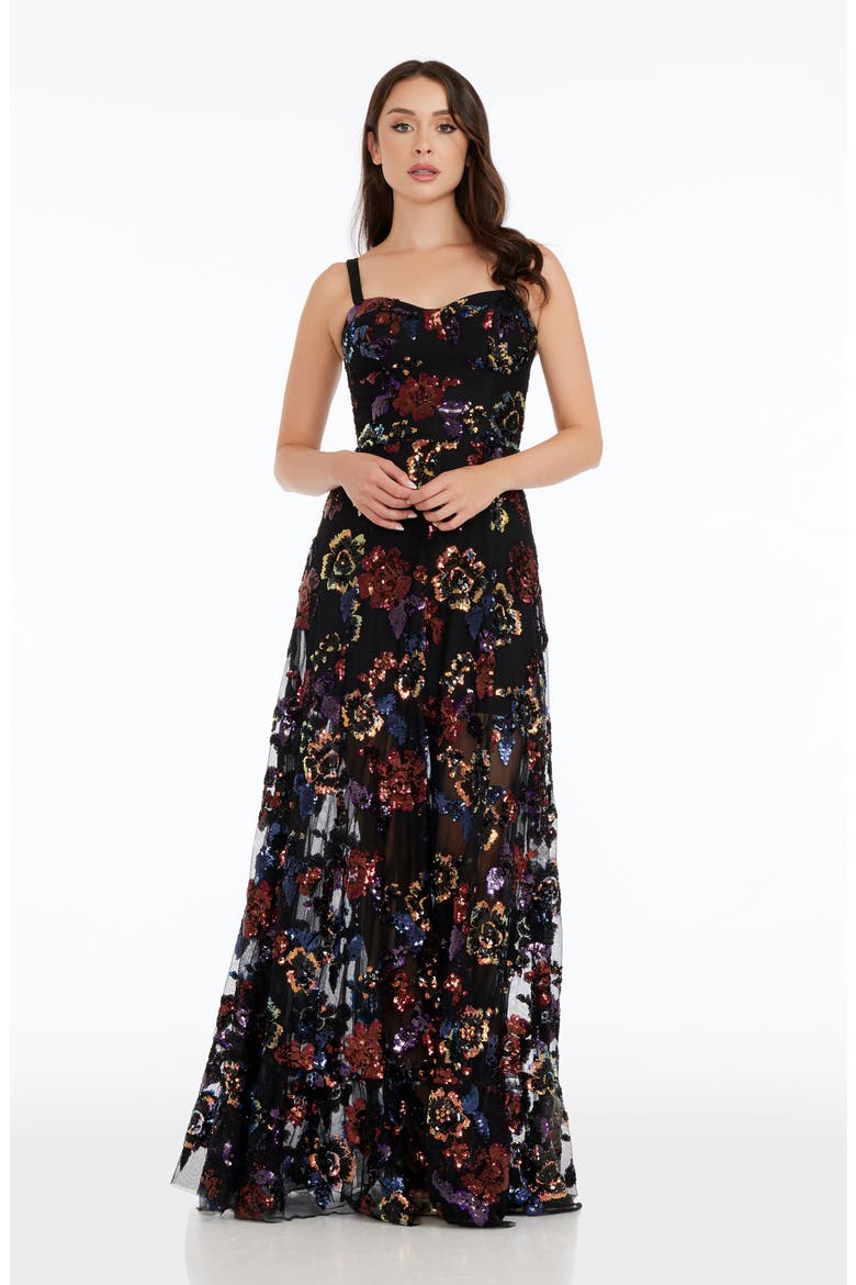 Anabel Sequin Floral Gown, Alternate, color, BLACK MULTI