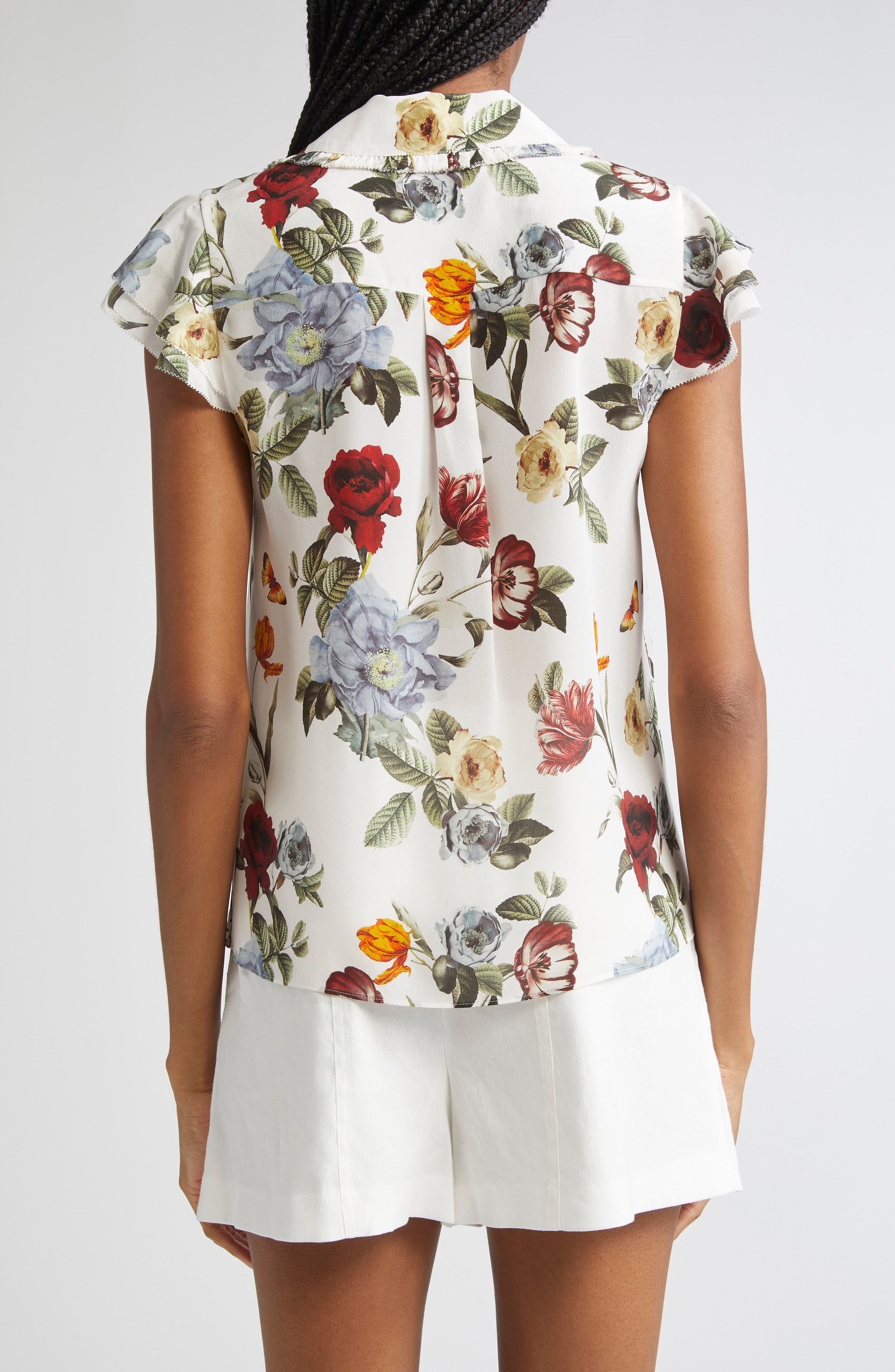 Martel Floral Flutter Sleeve Silk Button-Up Top - image 2