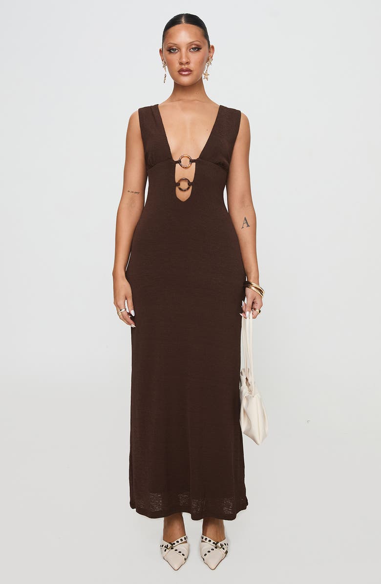 Princess Polly Steward Plunge Neck Maxi Dress, Alternate, color, Brown