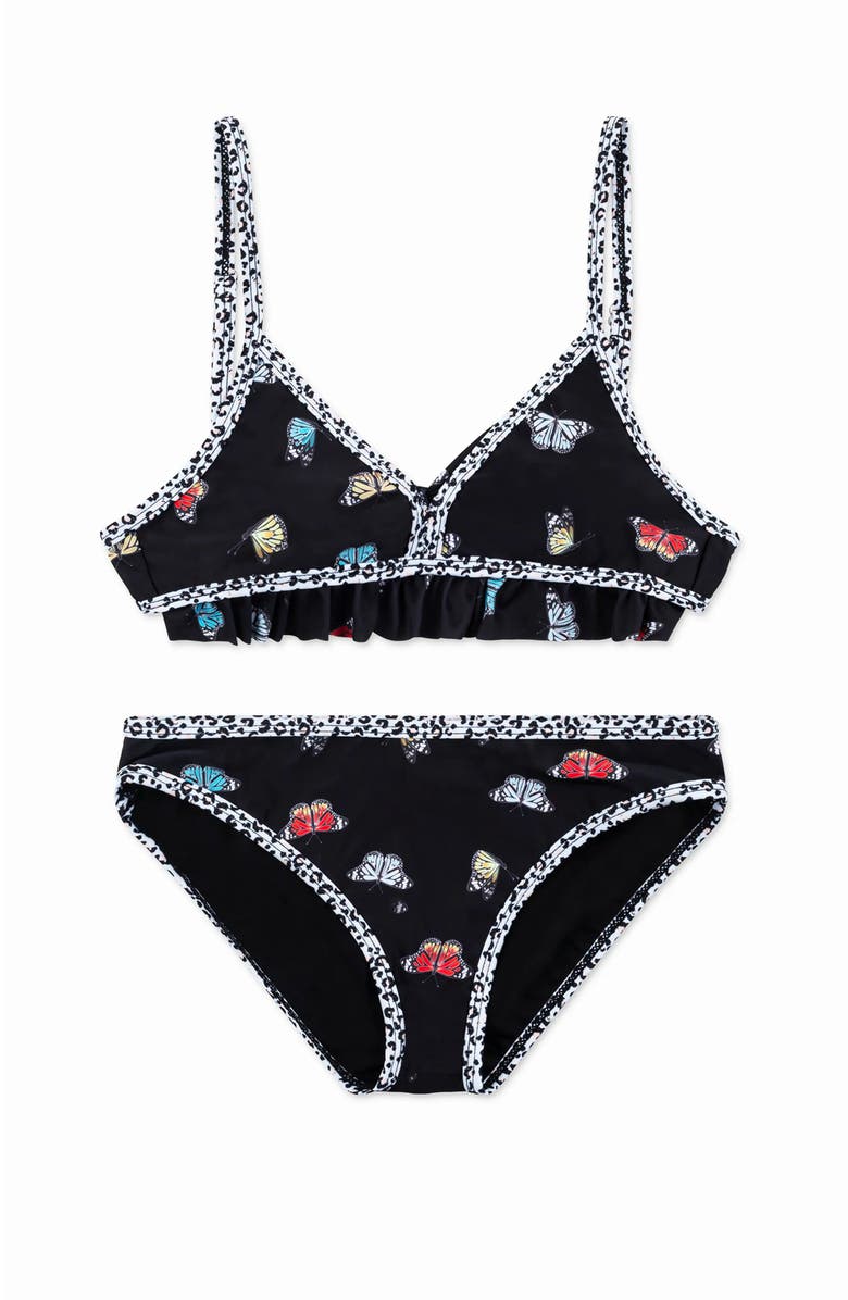 Limeapple Butterfly Printed Ruffle Bikini, Main, color, Black
