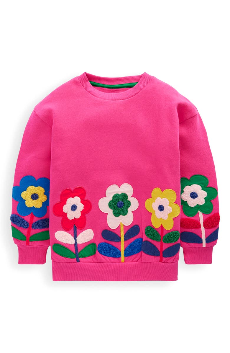 Mini Boden Kids' Floral Appliqué Cotton Graphic Sweatshirt, Main, color, Raspberry Pink Flowers