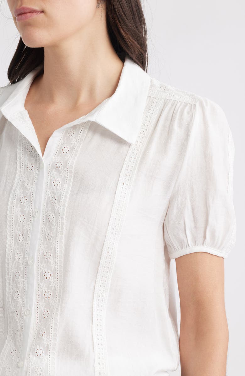 Bobeau Eyelet Detail Short Sleeve Button-Up Shirt, Alternate, color, White