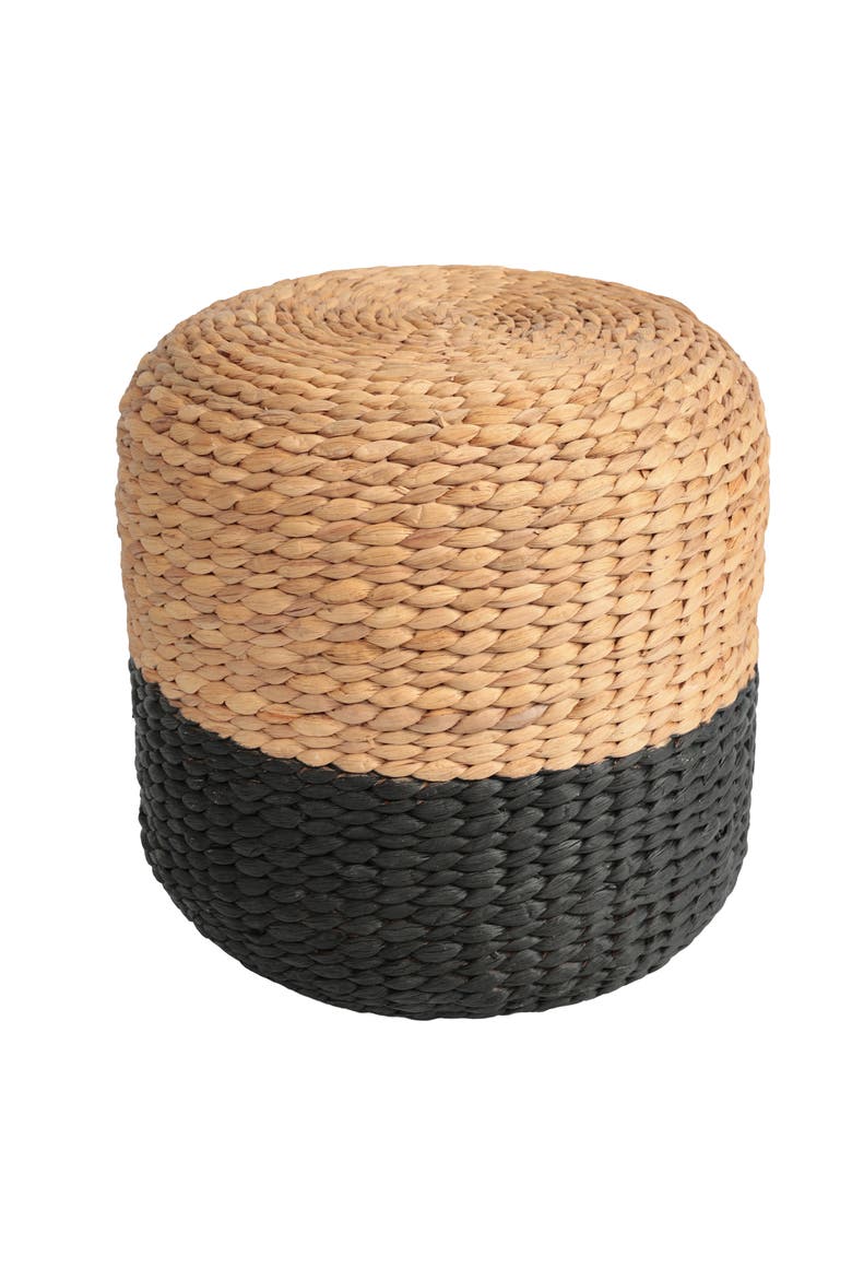 Aimee Bohemian Handwoven Water Hyacinth Round Floor Pouf Ottoman Accent Seat and Footstool for Living Room, Main, color, Black/Natural