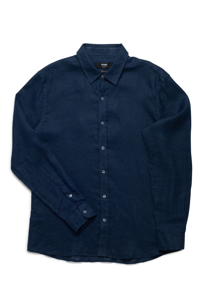 Solid Indigo Linen Button-Up Shirt, Alternate, color, BLACK IRIS