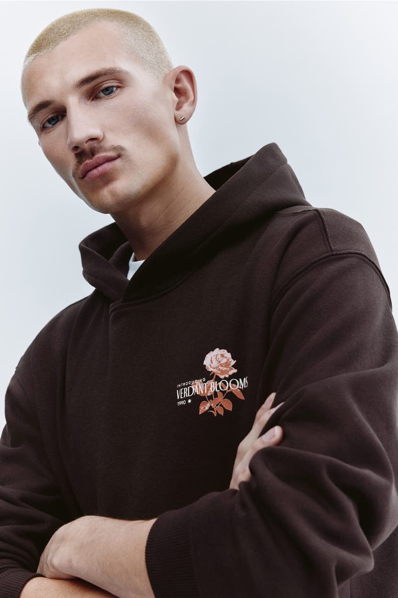 Relaxed Fit Printed Hoodie, Alternate, color, Dark brown/Verdant Blooms