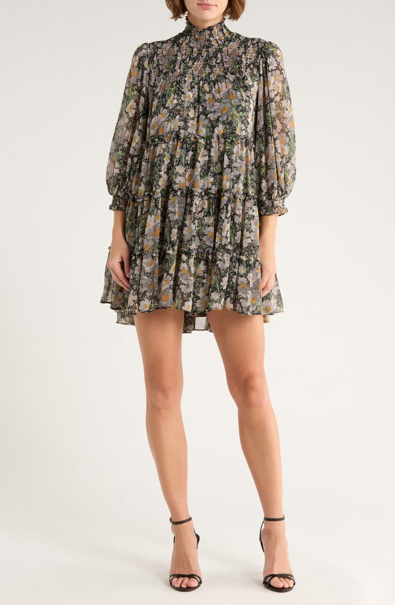 Cinq à Sept Cosmo Flowers Long Sleeve Babydoll Dress, Main, color, Black/ London Fog