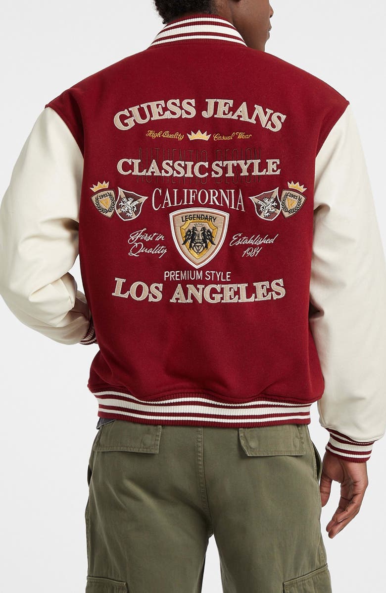 GUESS JEANS Letterman Varsity Bomber Jacket, Alternate, color, Red