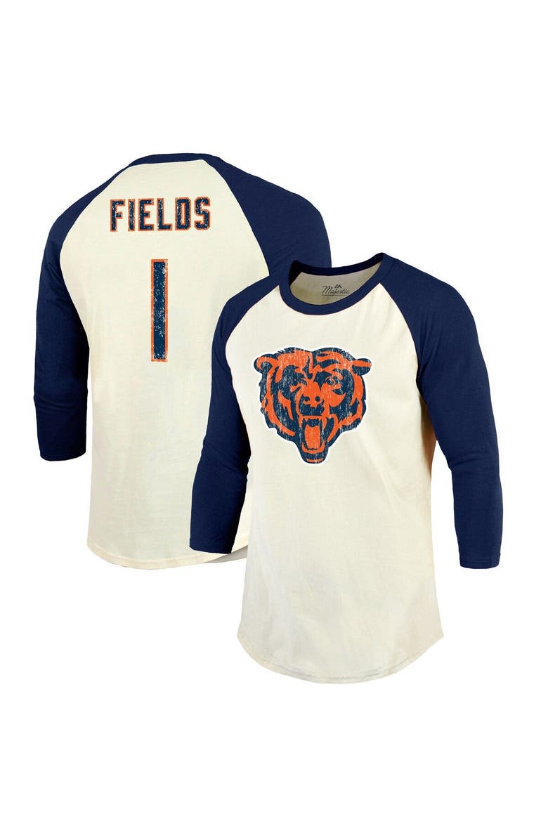 Majestic Threads Men's Majestic Threads Justin Fields Cream/Navy Chicago Bears Vintage Player Name & Number 3/4-Sleeve Fitted T-Shirt, Alternate, color, 