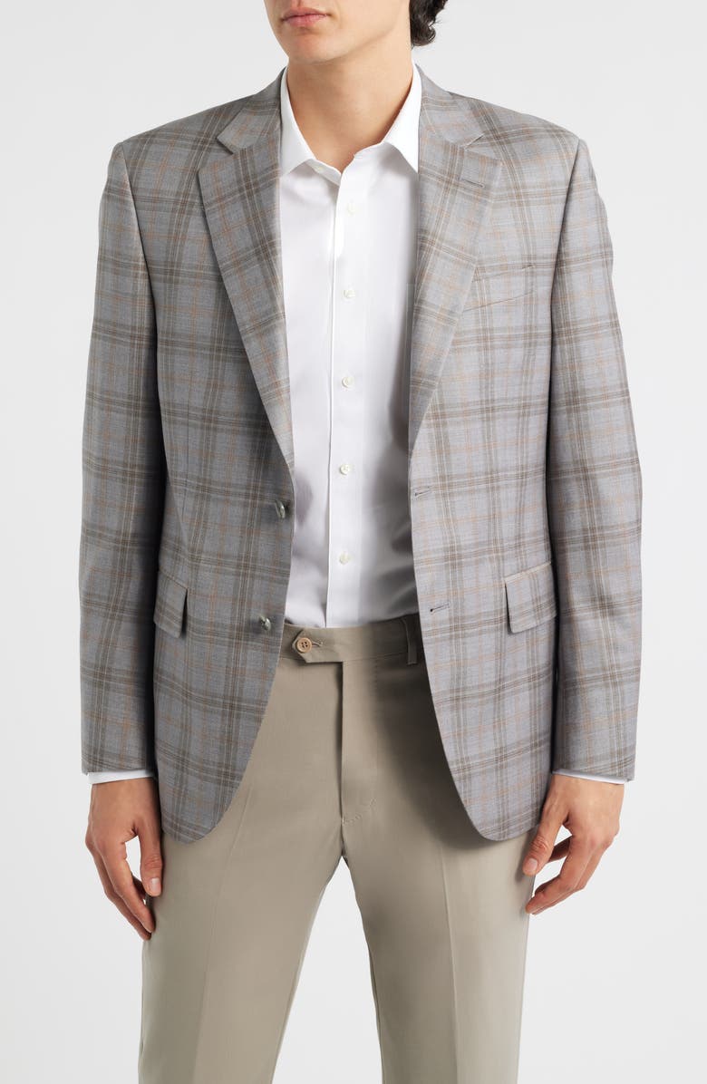 Peter Millar Flynn Classic Fit Light Grey & Brown Plaid Wool Sport Coat, Main, color, Light Grey