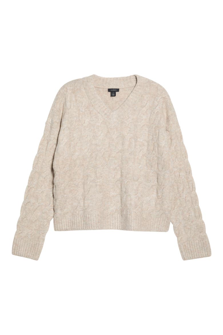 Cable Knit V-Neck Sweater, Alternate, color, OATMEAL