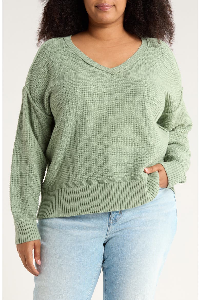 Textured V-Neck Cotton Blend Sweater, Main, color, LILY PAD