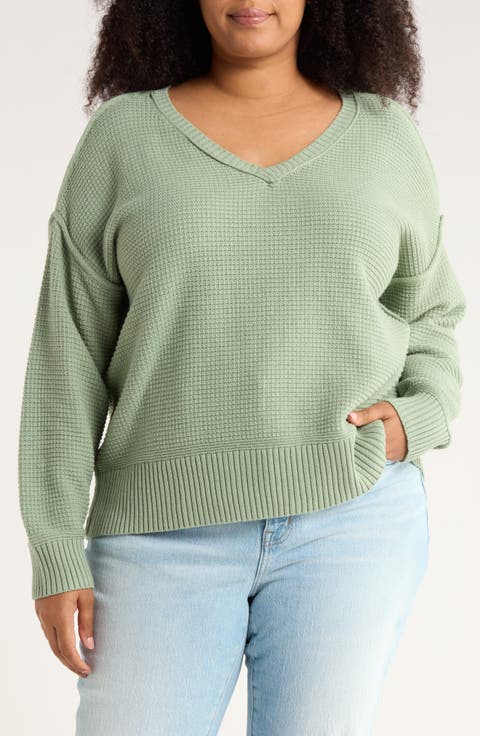 Textured V-Neck Cotton Blend Sweater (Plus)