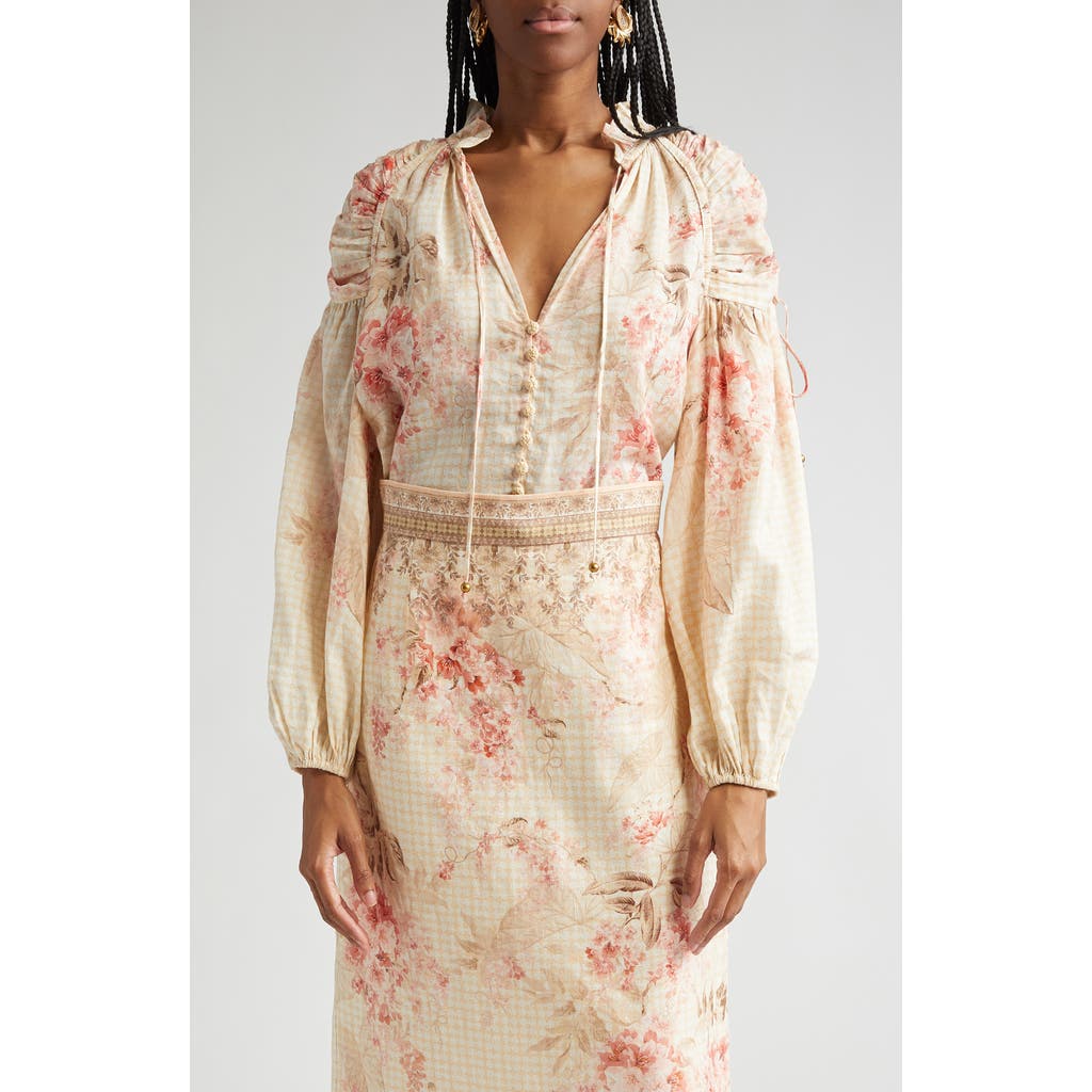 Zimmermann Illuminate Pleated Floral-print Linen And Silk-blend Blouse In Ivory Tropical