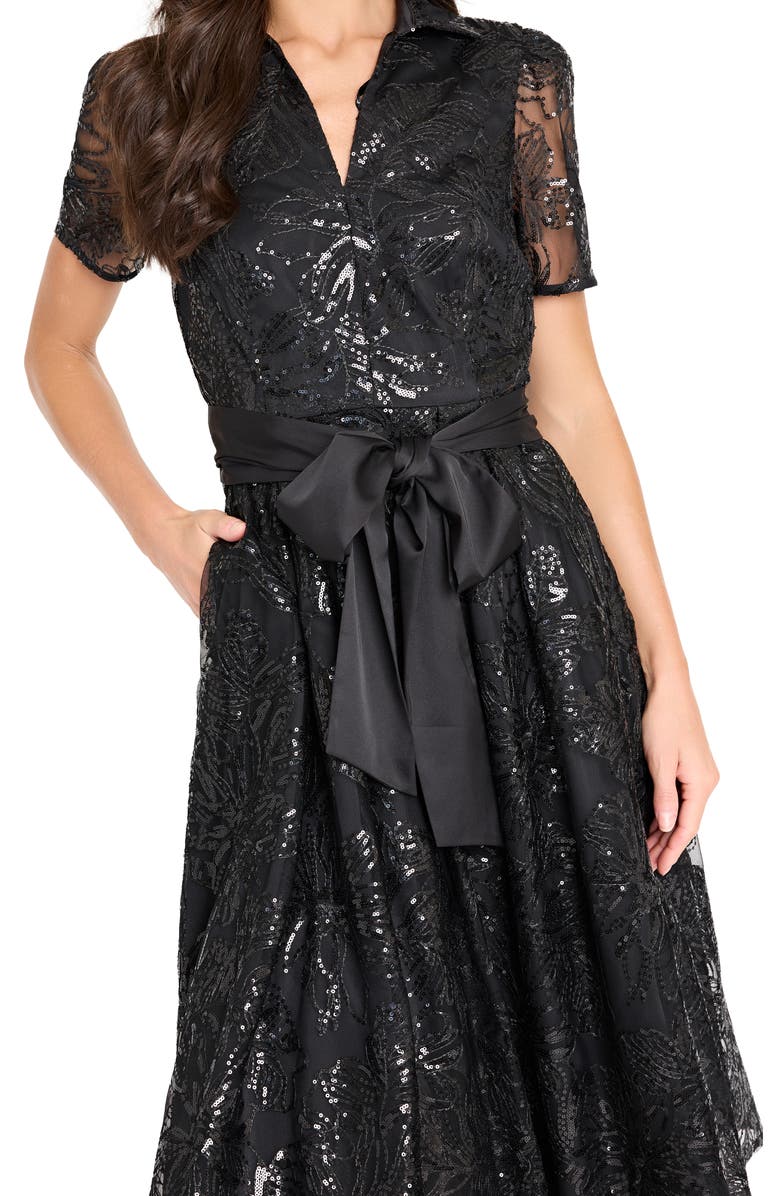 Tahari ASL Sequin Tie Waist Midi Dress, Alternate, color, Black