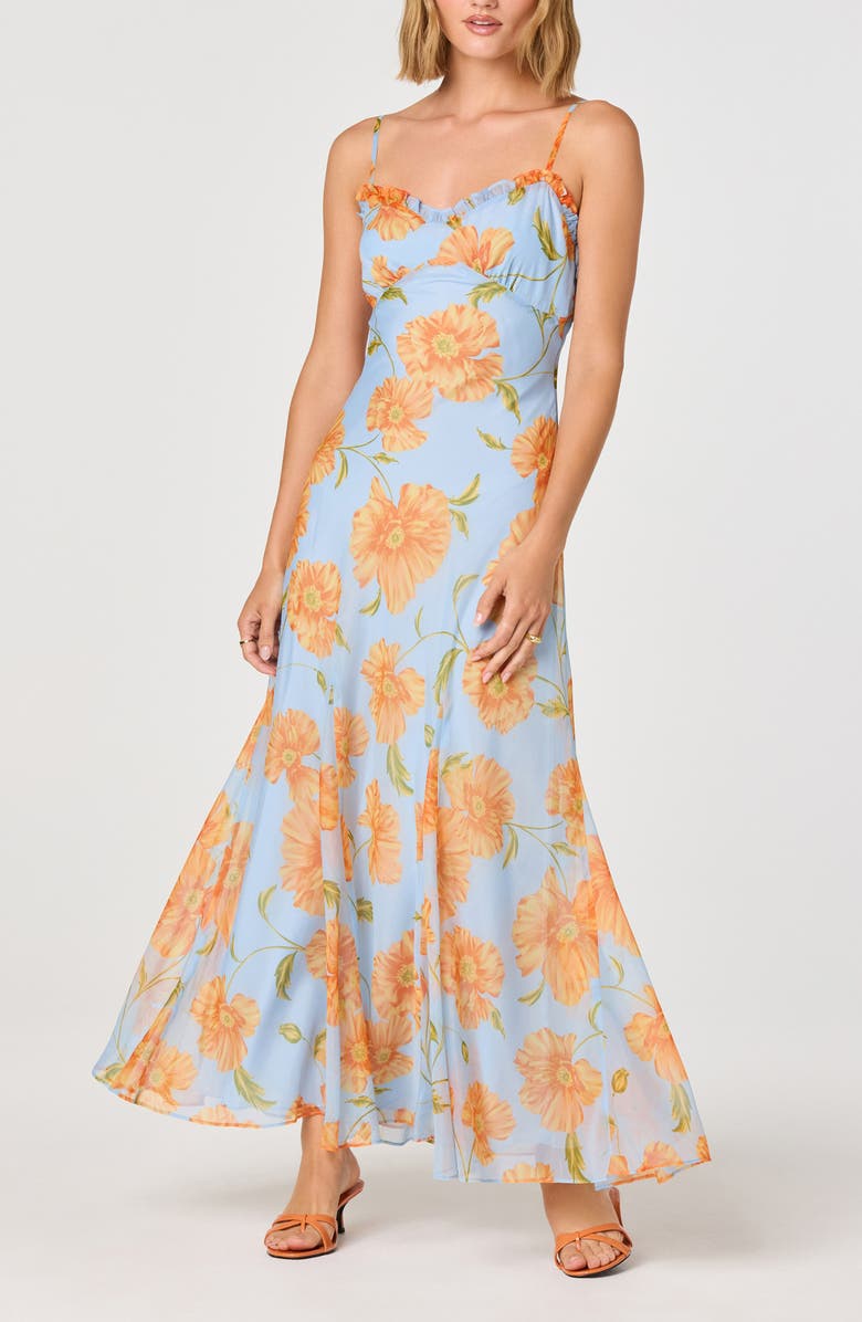 ASTR the Label Maeryn Floral Chiffon Maxi Dress, Main, color, Blue Orange Floral