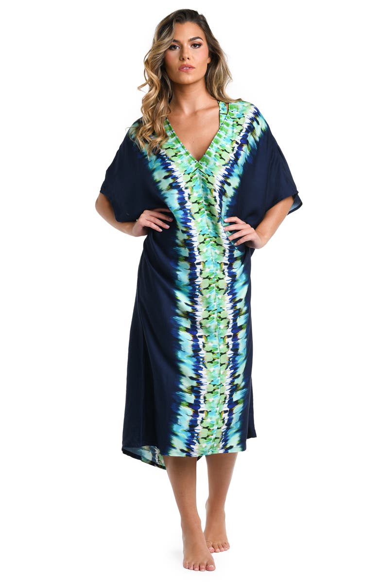 La Blanca Seas Print Cover-Up Caftan, Alternate, color, Indigo