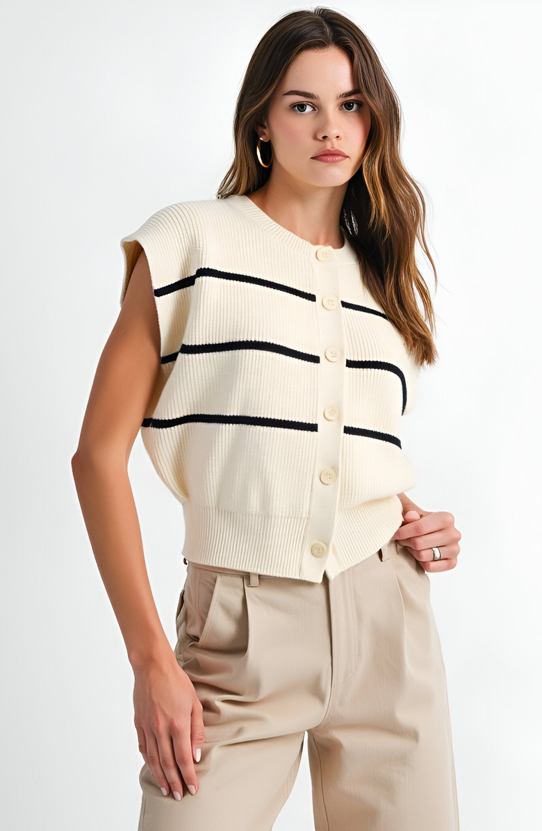 Modenaire Sleeveless Ribbed Knit Cardigan Top with Horizontal Stripe Detail, Main, color, 