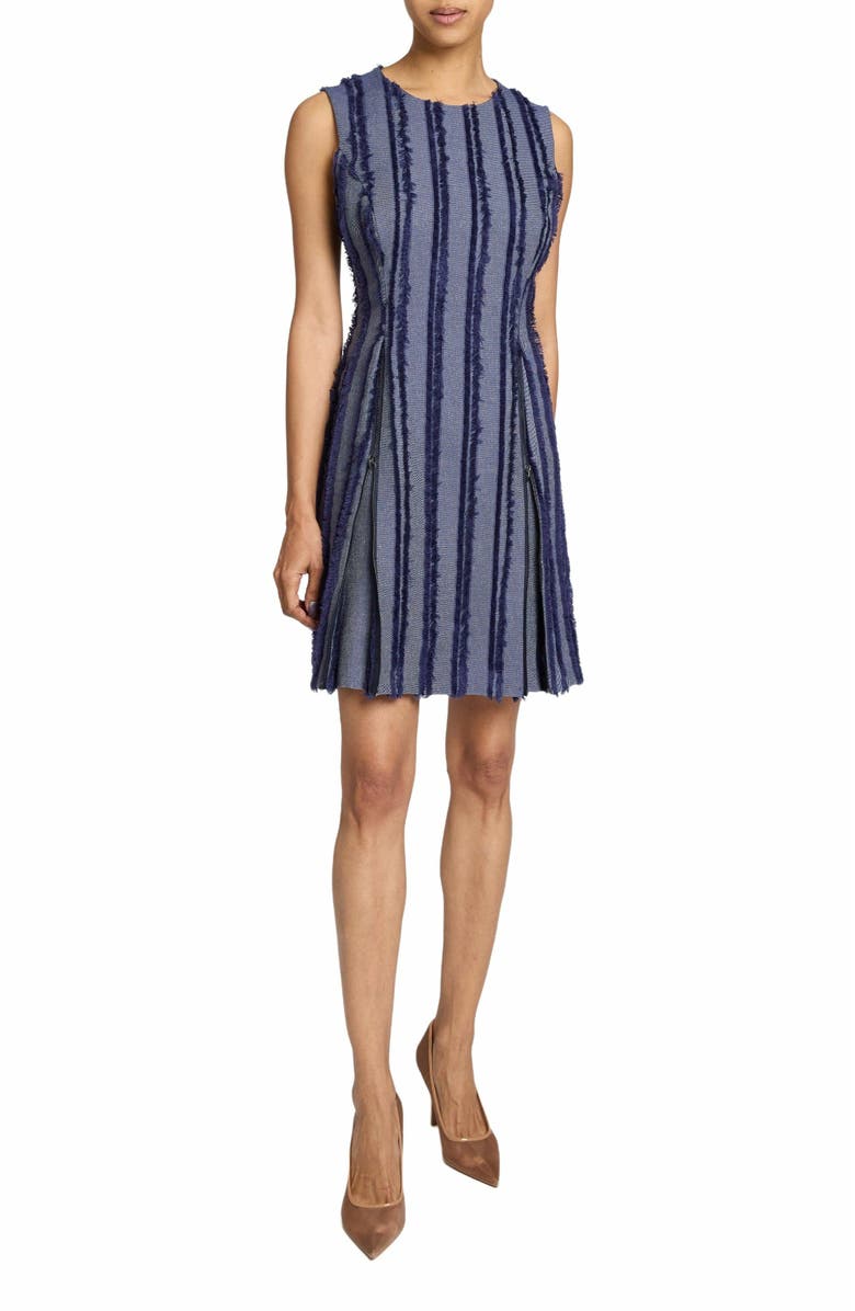 Santorelli IDA Sleeveless Shift Dress with Skirt Zipper Detail in Stripe Fringed Denim, Alternate, color, Marine Blue