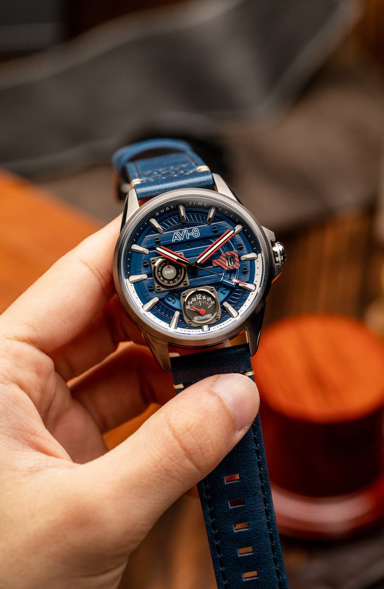AVI-8 Hawker Harrier Farley Leather Strap Watch, 44mm, Alternate, color, Blue