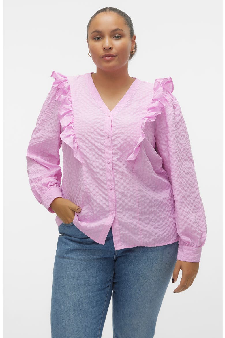 Cira Ruffle Shoulder Button-Up Shirt, Alternate, color, PASTEL LAVENDER