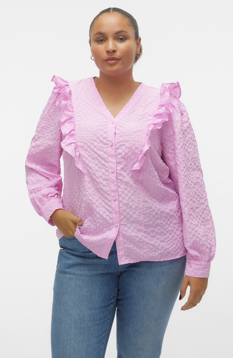 VERO MODA CURVE Cira Ruffle Shoulder Button-Up Shirt, Alternate, color,