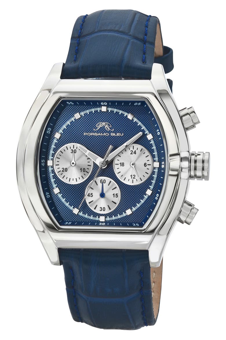 Roman Chronograph Croc Embossed Leather Strap Watch, 42mm, Main, color, BLUE