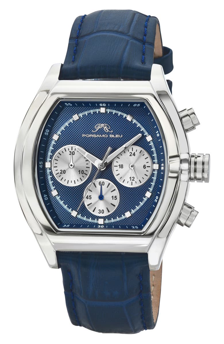 PORSAMO BLEU Roman Chronograph Croc Embossed Leather Strap Watch, 42mm, Main, color,