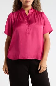 T Tahari Ruffle Split Neck Short Sleeve Top