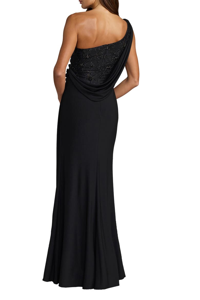 Women's Jersey One Shoulder Cowl Gown With 3D Flowers, Alternate, color, Black