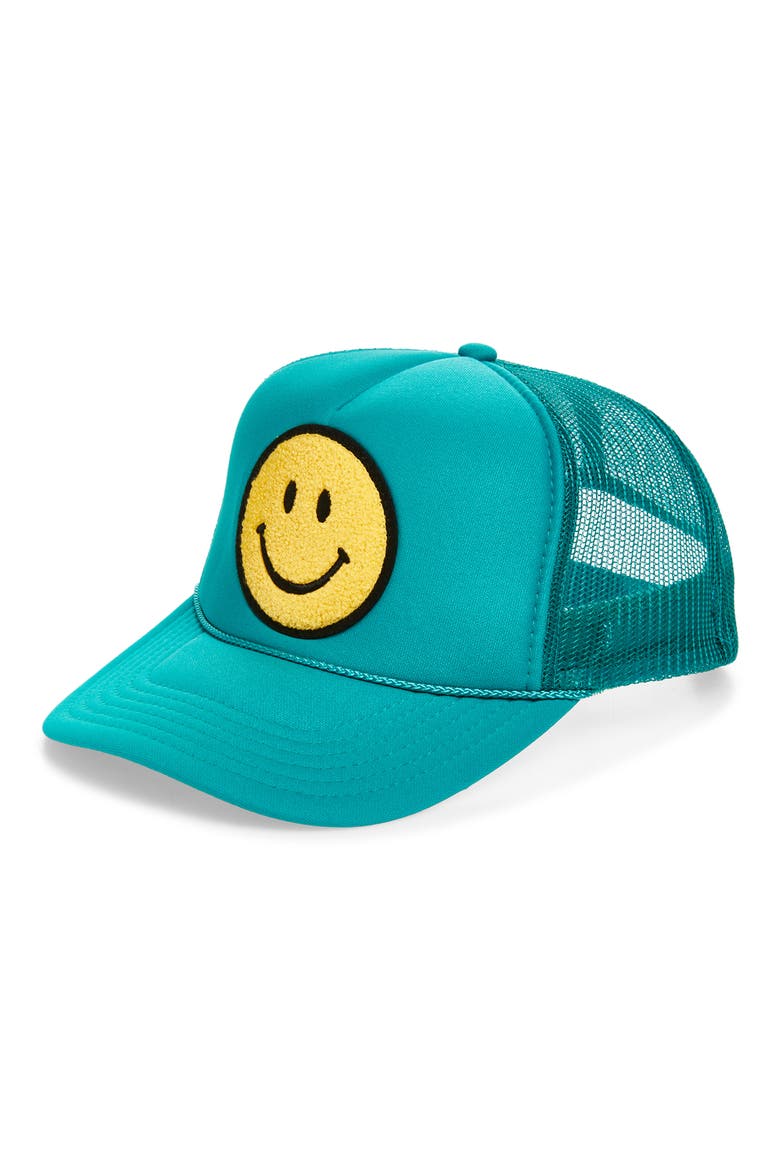 Smiley Patch Trucker Hat, Main, color, JADE