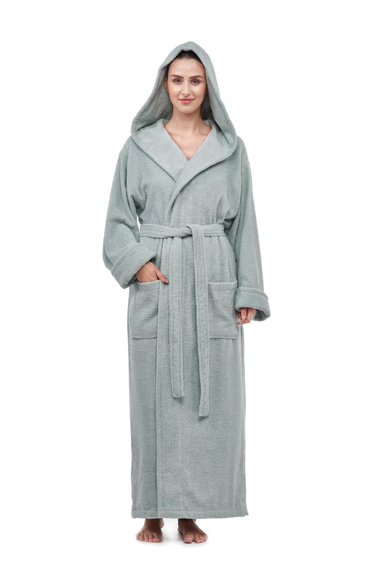 Womens GOTS Certified Oganic Cotton Long Hooded Robe, Main, color, Seafoam