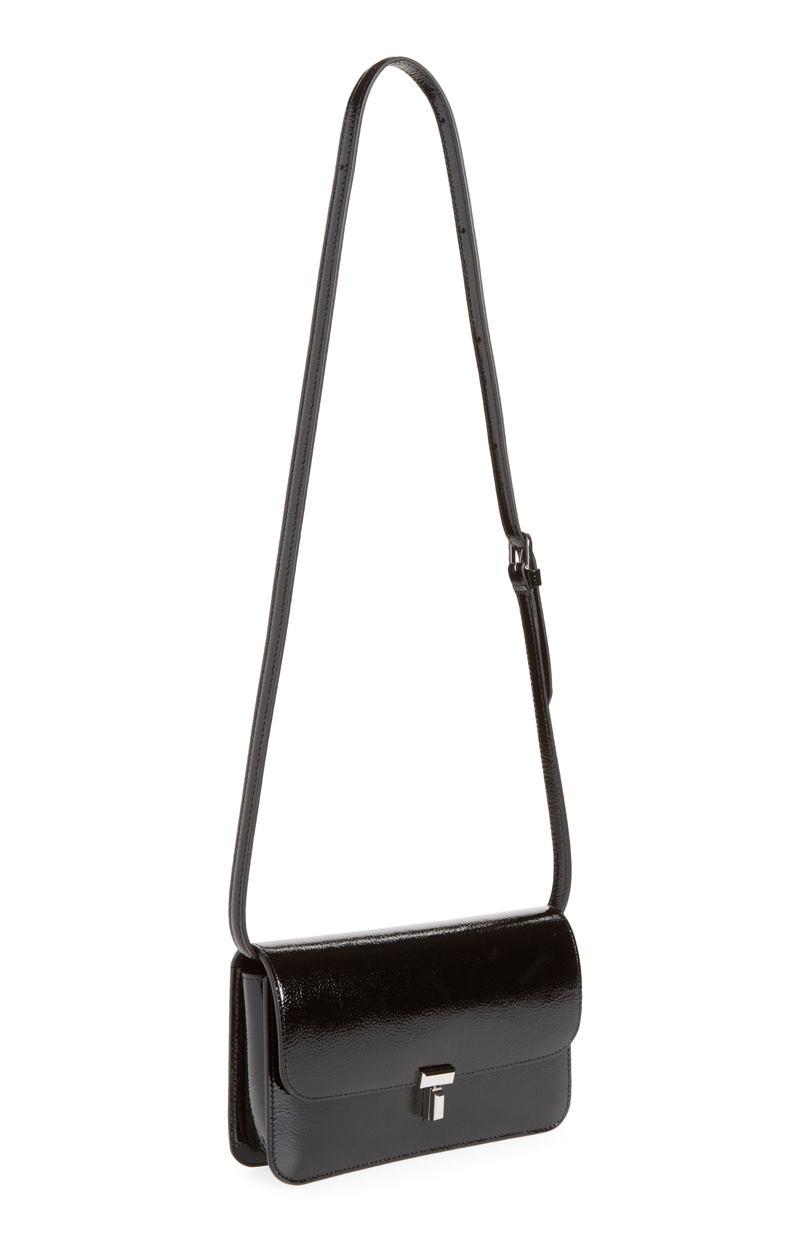 T-Lock Grained Patent Leather Crossbody Bag, Alternate, color, BLACK