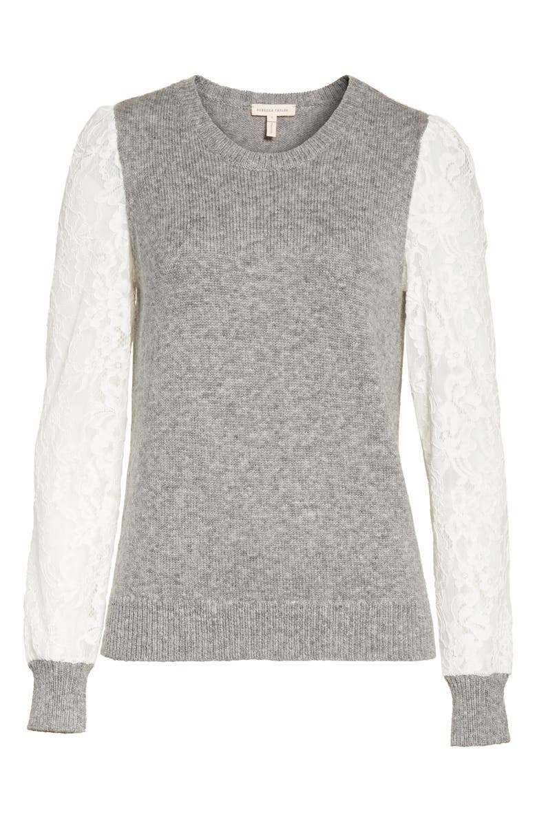 Rebecca Taylor Lace Sleeve Pullover, Alternate, color, Silver Heather Grey / Chalk