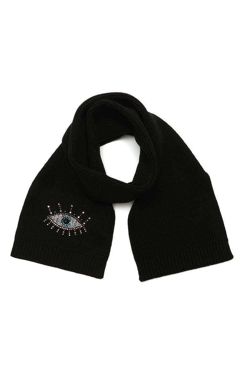 Kurt Geiger London Evil Eye Crystal Embellished Scarf, Main, color, Black