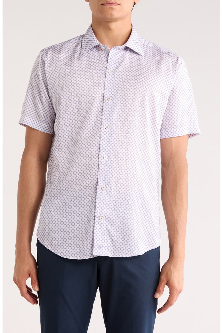 Neat Print Short Sleeve Shirt, Main, color, WHITE/ PURPLE